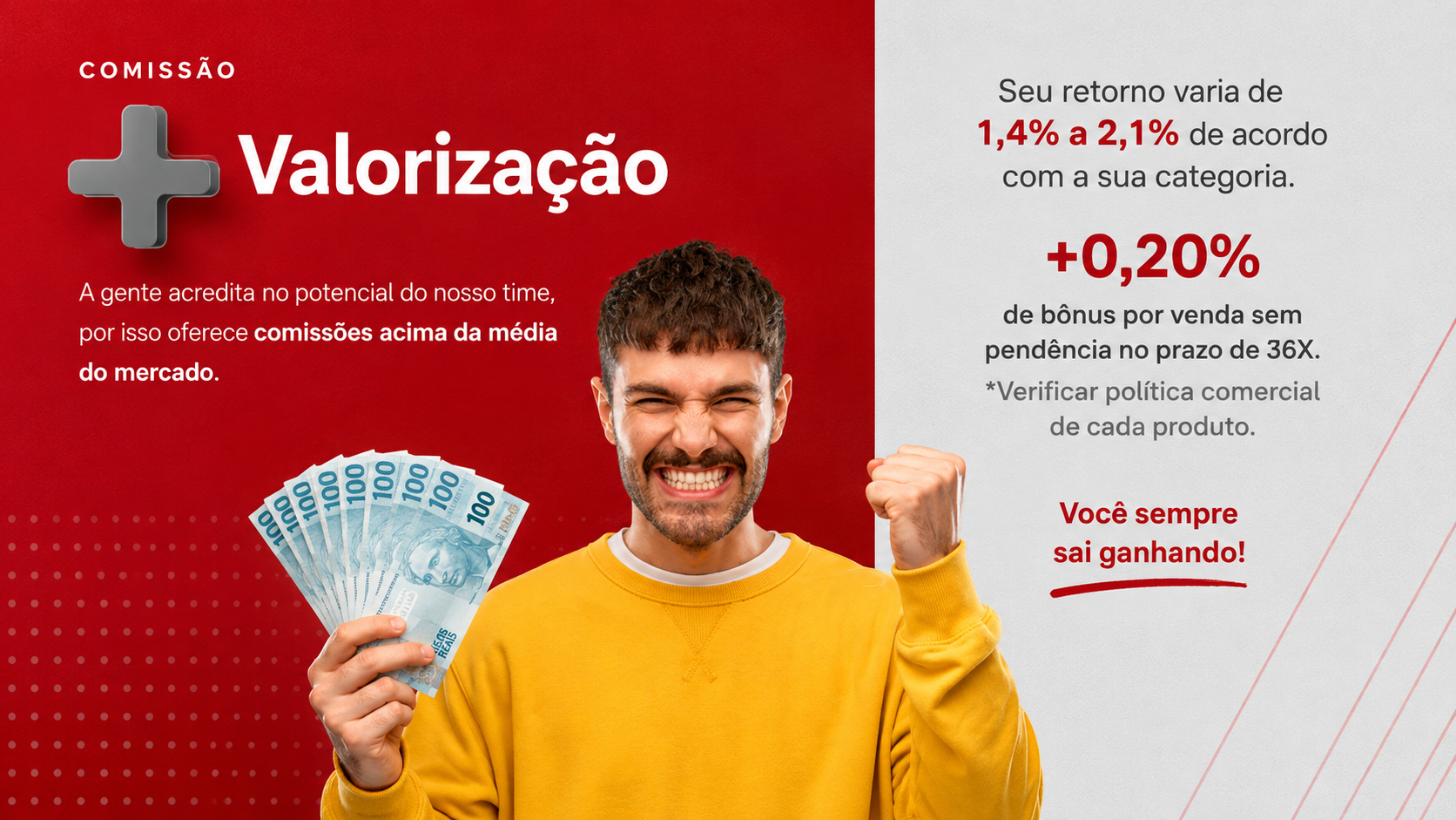 Valorizacao: comissão de 1,4% a 2,1% e bônus de 0,20% por venda sem pendência